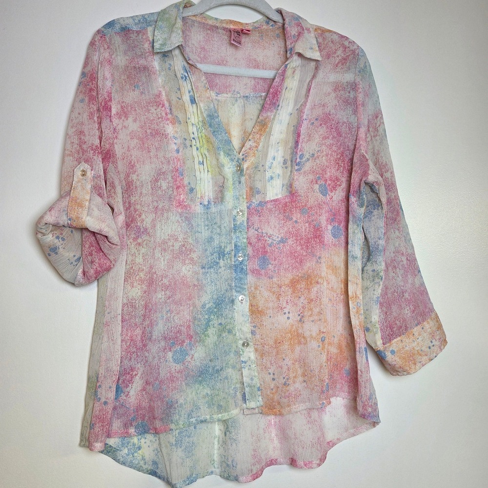 Dolled Up by Fang XL Watercolor Pastel Splatter Sheer Print Roll Tab Blouse